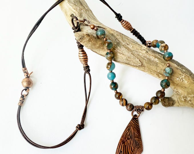 Copper Butterfly Wing Pendant with Blue Marbled Quartz and Leather