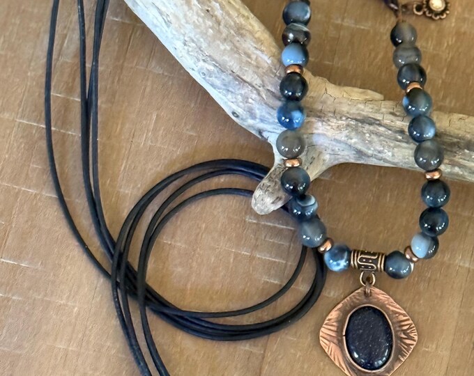 Handcut Textured Copper Bezel Pendant with Blue Sandstone and Agate Necklace