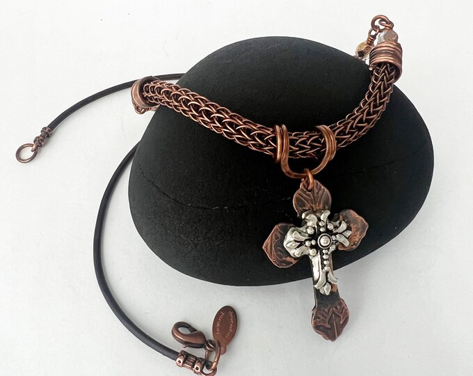 Hammered Handcut Cross,Glass Pearls, Viking Knit and Leather Necklace