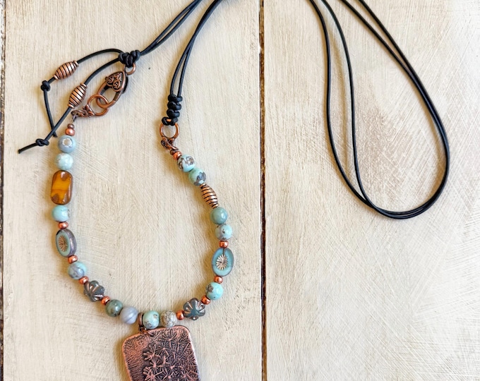 Copper Dandelion Etched Pendant with Terra Agate and Czech Glass Necklace