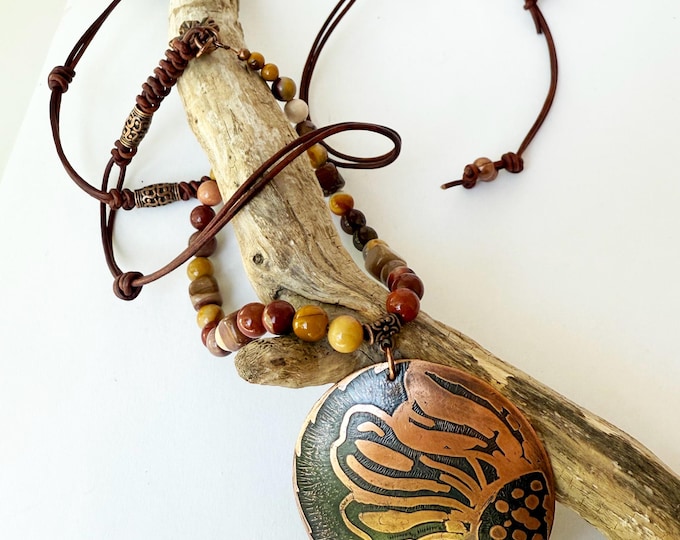 Copper Flower Pendant with Mookaite Jasper and Leather Necklace