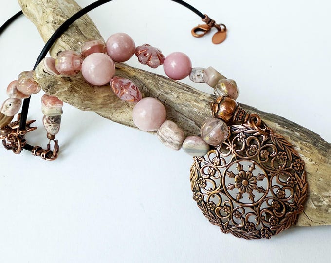 Copper Metal Etched Rose Pendant with Stones, Glass and Leather Necklace