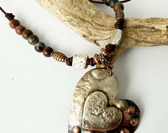 Hand Cut Copper Heart Pendant and Leather Necklace