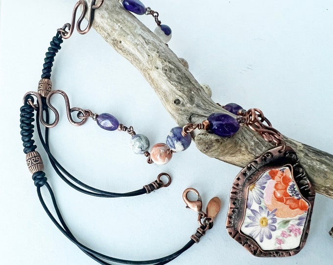 Broken Plate Copper Bezel Pendant with Amethyst and Mexican Purple Opal Necklace