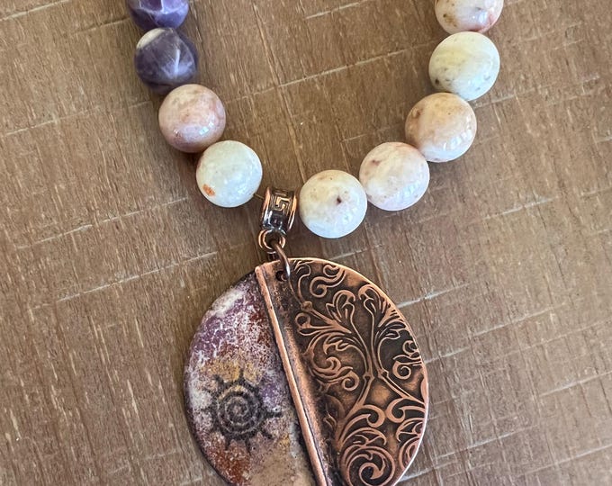 Enameled Fold Form Pendant with Mexican Purple Opal and Leather Necklace