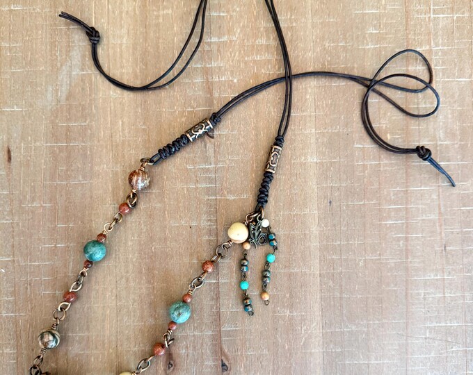 Wire Wrap Aventurine Pendant with Aventurine and Jasper Necklace