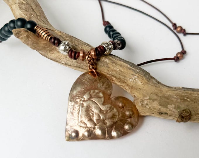 Hand Cut Copper Heart Pendant and Leather Necklace