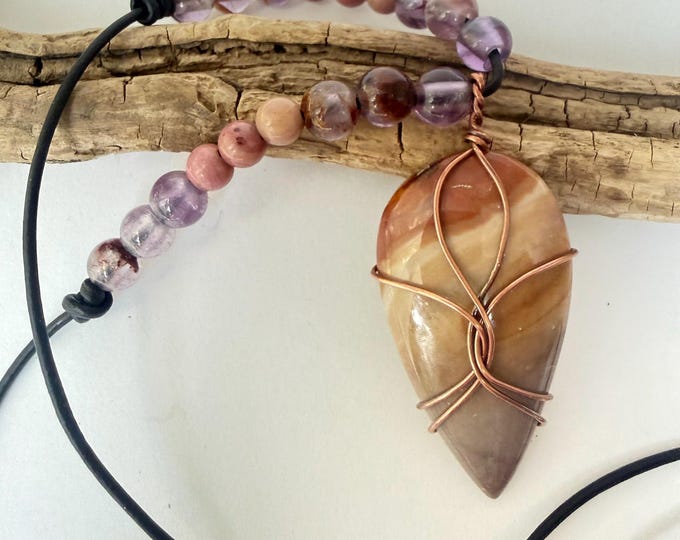 Wire Wrapped Jasper Teardrop Pendant Necklace with Cacoxenite and Rhodonite