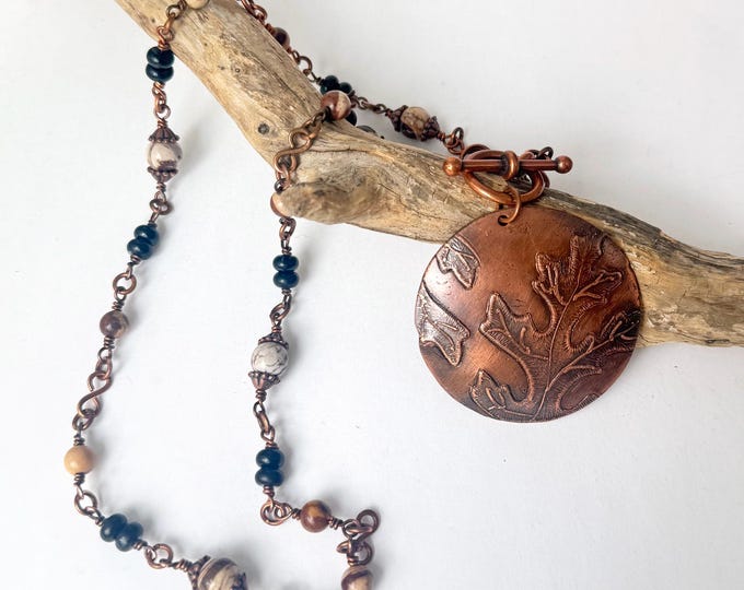 Fall Oak Leaf Copper Necklace with Zebra Jasper & Onyx Handmade Nature-inspired Jewelry