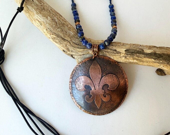 Handmade Copper Fleur de Lis Necklace  with Blue Beads and Black Leather Cord