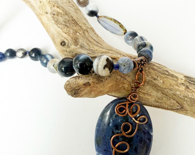 Copper Wired Sodalite Pendant with Beaded Leather Necklace