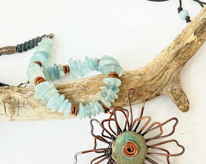Copper Flower Pendant Necklace with Handmade Pottery Bead & Aquamarine Accents