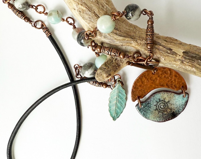Torch Enameled Copper Pendant with Black Gold Ammonite and Leather