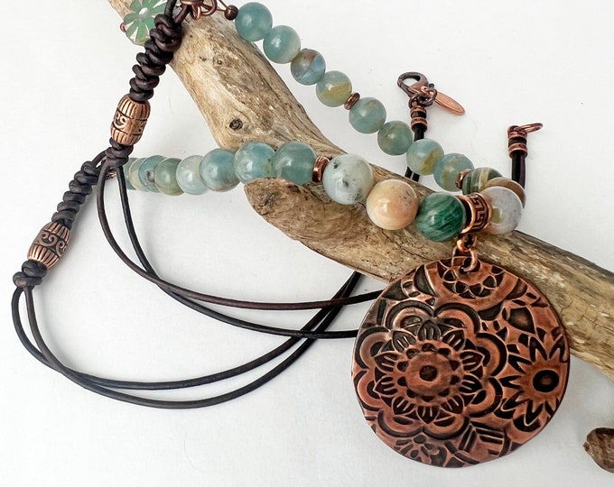 Copper Floral Pendant with Ocean Jasper, Calcite and Leather Necklace