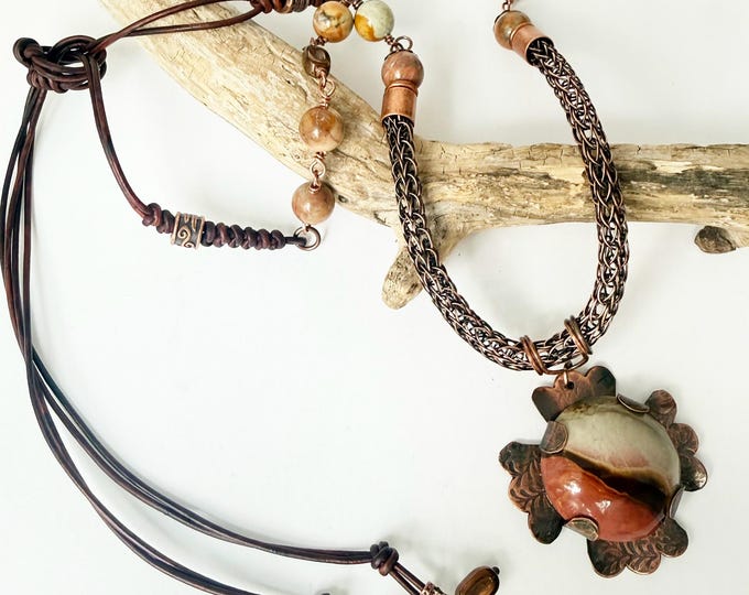 Handmade Copper Viking Knit Jasper Bezel Pendant with Leather Necklace