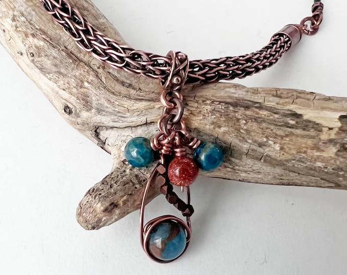 Wire Pendant with Blue Mosaic Quartz and Copper Viking Knit Necklace