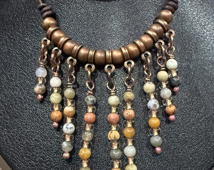 Beaded Boho Agate Necklace with Leather