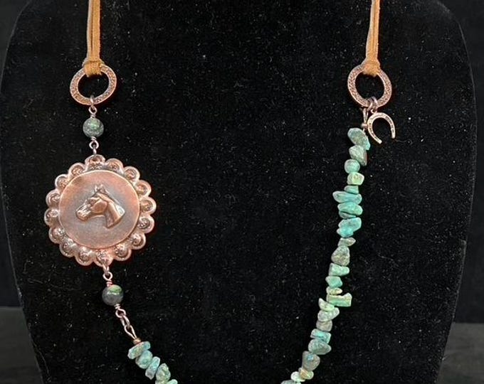Copper Horse Pendant with African Turquoise and Leather Necklace