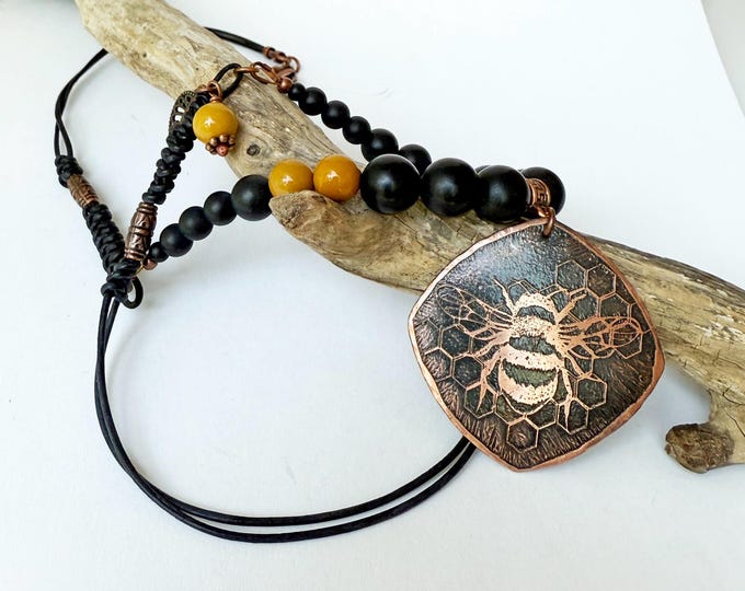 Copper Etched Bee Pendant with Yellow Mookaite, Matte Onyx and Leather Necklace