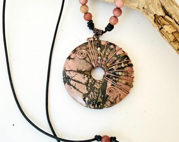 Rhodonite Donut Stone and Beaded Necklace