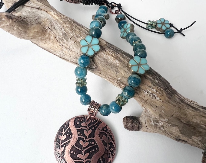 Etched Copper Pendant with Blue Apatite and Czech Glass and Leather Necklace