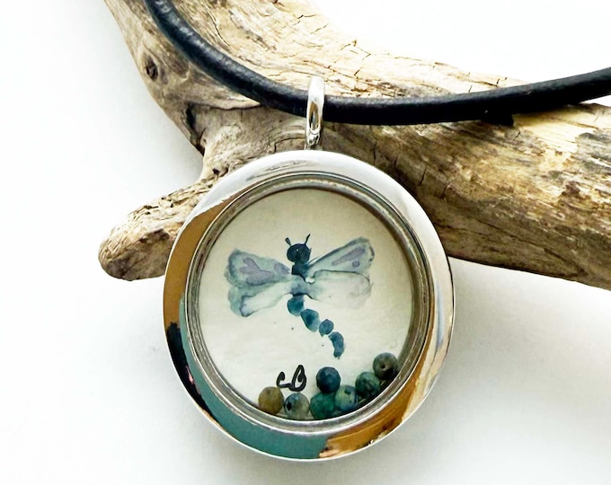 Handpainted Watercolor Dragonfly Locket Necklace