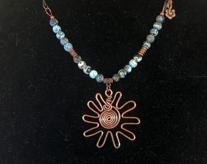 Copper Wire Flower Pendant with Agate and Leather Necklace