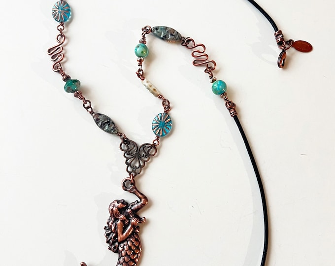 Copper Mermaid Pendant with Beads, Copper & Leather Necklace