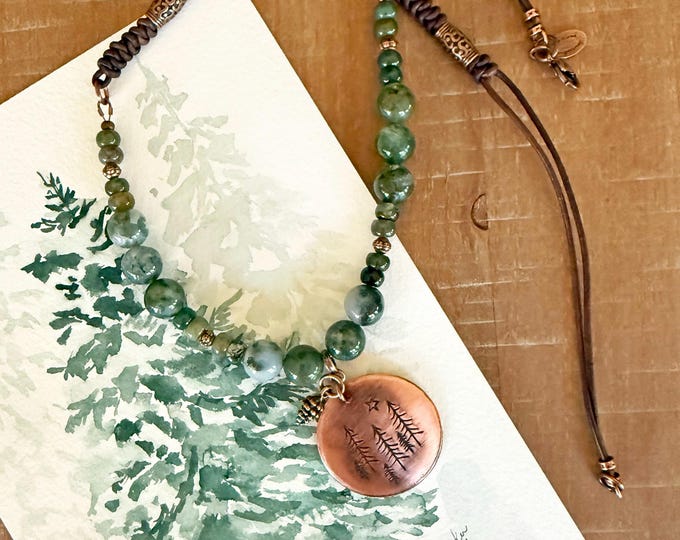 Copper Forrest Pendant with Moss Agate and Leather Necklace