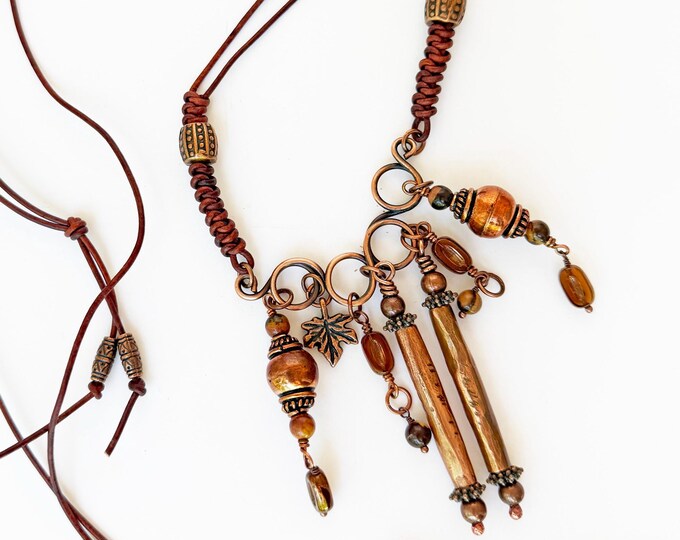 Copper Beads and Czech Glass Pendant with Leather Necklace