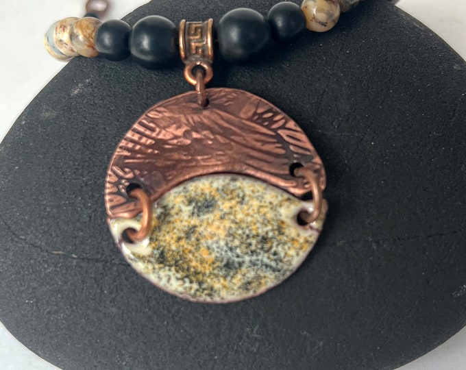 Copper Torch Enameled Pendant with Black Moss Agate and Onyx Necklace