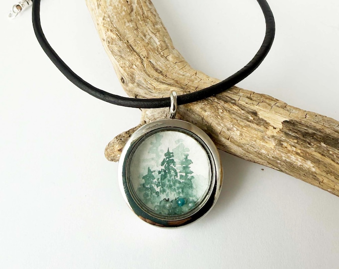 Hand Painted Watercolor Forest Locket Necklace
