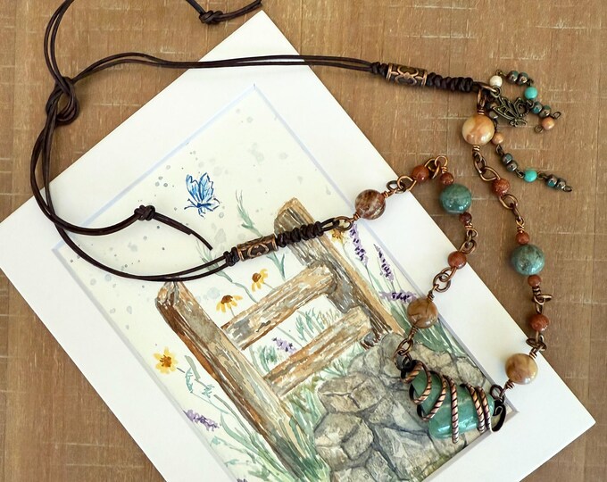 Wire Wrap Aventurine Pendant with Aventurine and Jasper Necklace