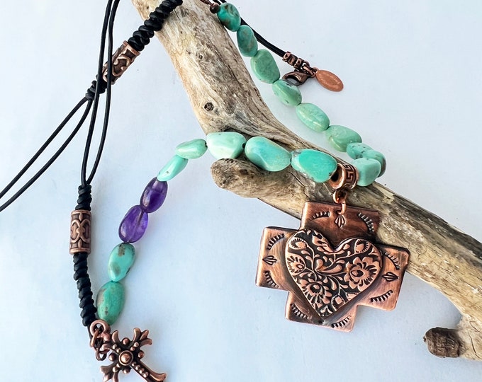 Southwest Cross & Heart Pendant with Campitos Turquoise and Amethyst Necklace