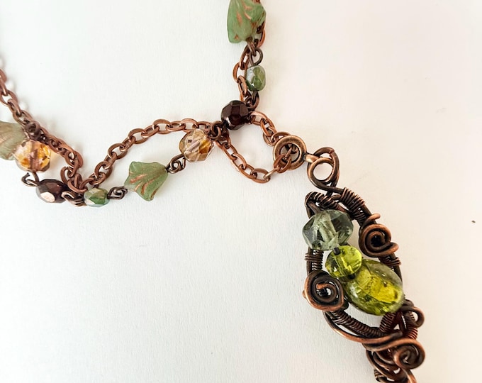 Copper Wired Green Glass Pendant with chain and Leather Necklace