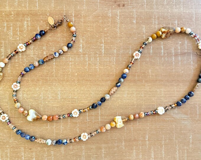 Beaded Heart and Flower Boho Necklace