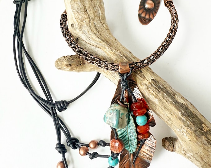 Copper Fold Form Feather Pendant with Viking Knit Chain and Leather Necklace