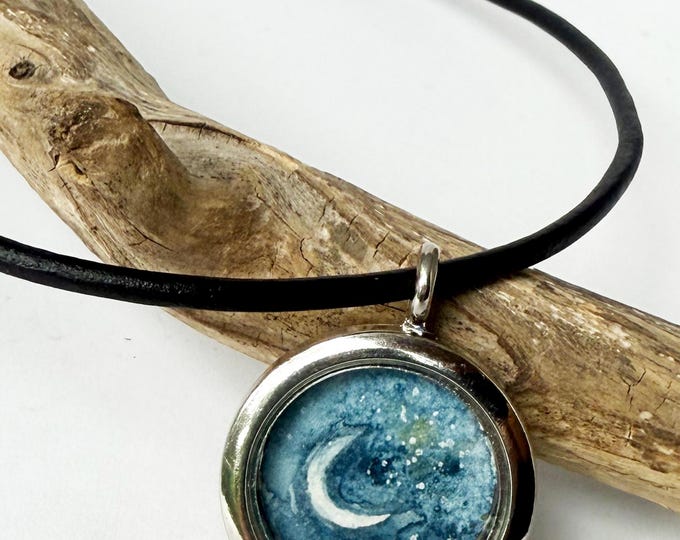 Starry Sky Crescent Moon Locket Necklace - Handpainted Miniature Night Sky Pendant on Black Leather Cord