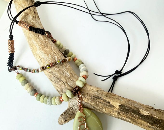 Australian  Butter Jasper with Czech Glass and Leather Necklace