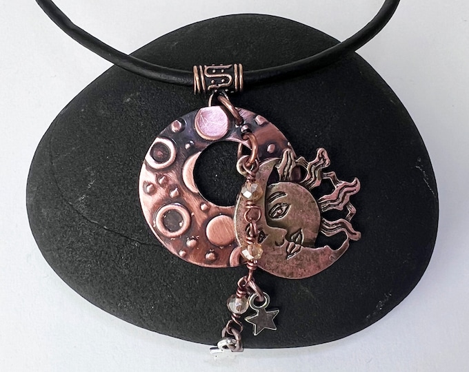 Copper Sun and Moon Pendant with Leather Necklace