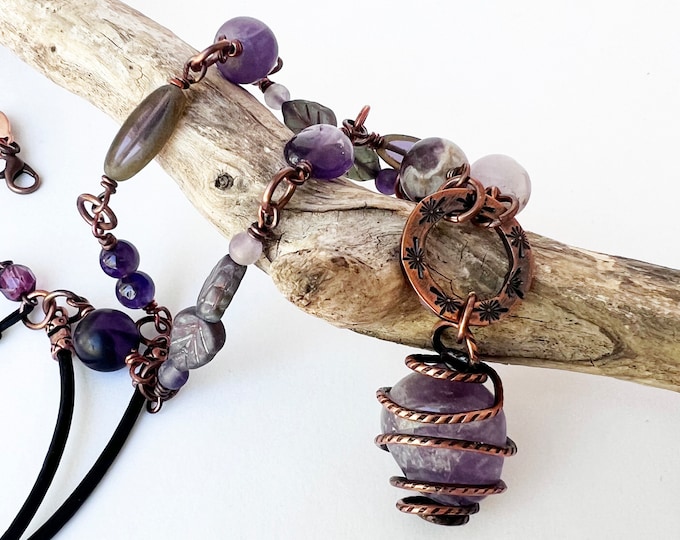 Tumbled Amethyst Nugget Pendant with Purple Czech Glass, Amethyst and Leather Necklace