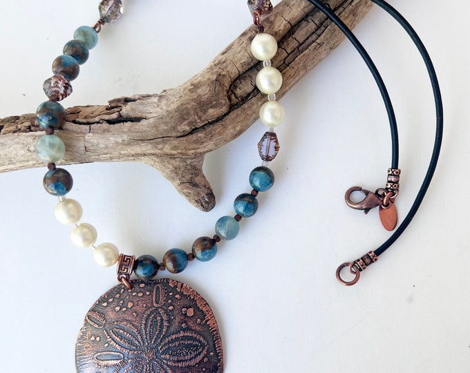 Copper Sand Dollar Pendant with Marbled Blue Quartz, Calcite, Vintage Pearls and Leather Necklace