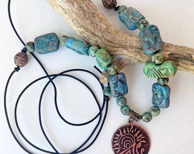 Kiln Fired Ceramic Beads with Metal Etched Copper Pendant and Leather Necklace