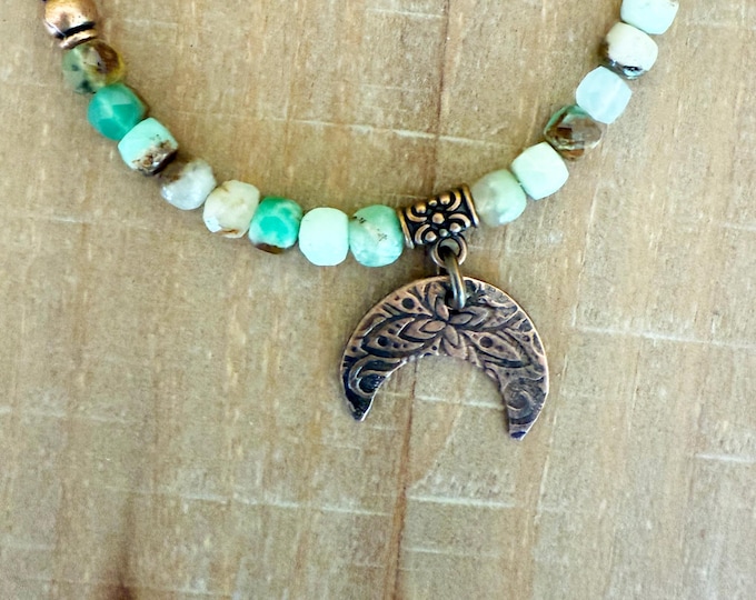 Inverted Crescent Moon Pendant with Chrysoprase and Aquamarine beads and Leather Necklace