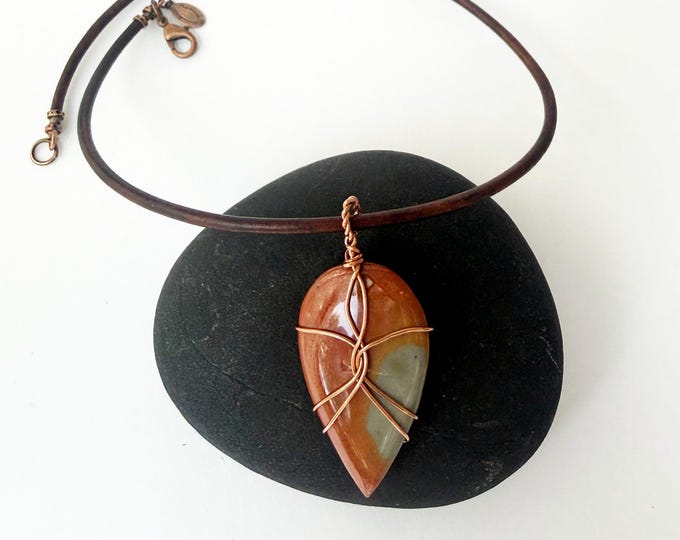 Natural Jasper Wire Wrapped Pendant Necklace
