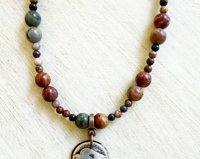 Buffalo Pendant with Red Creek Jasper and Leather Necklace
