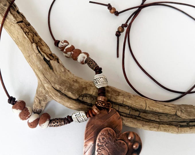 Rustic Hand Cut Copper Heart Pendant with Pottery Beads and Leather Necklace