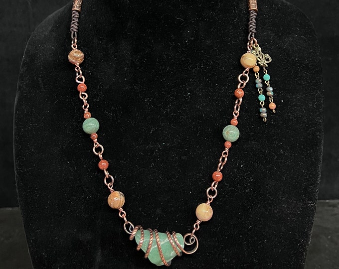 Wire Wrap Aventurine Pendant with Aventurine and Jasper Necklace