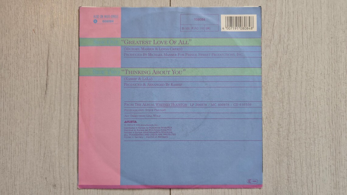 Whitney Houston - Greatest Love Of All 45 RPM 7" Vinyl Record Single 1986 Vintage, foto 3 di 5