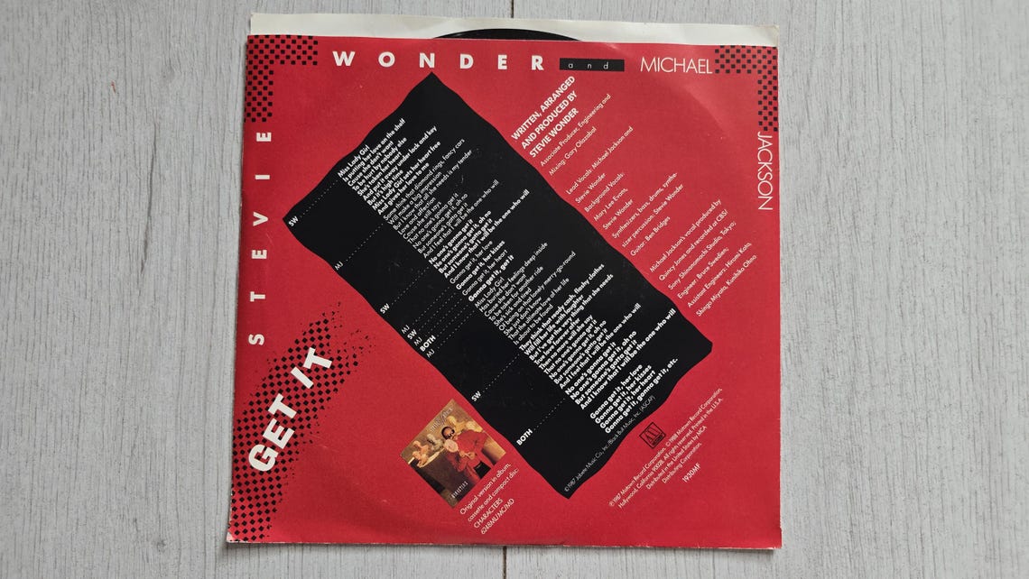 Stevie Wonder & Michael Jackson Get It - Vinyl Record 7" Single, 45 RPM, Original 1988 Vintage, foto 3 di 5